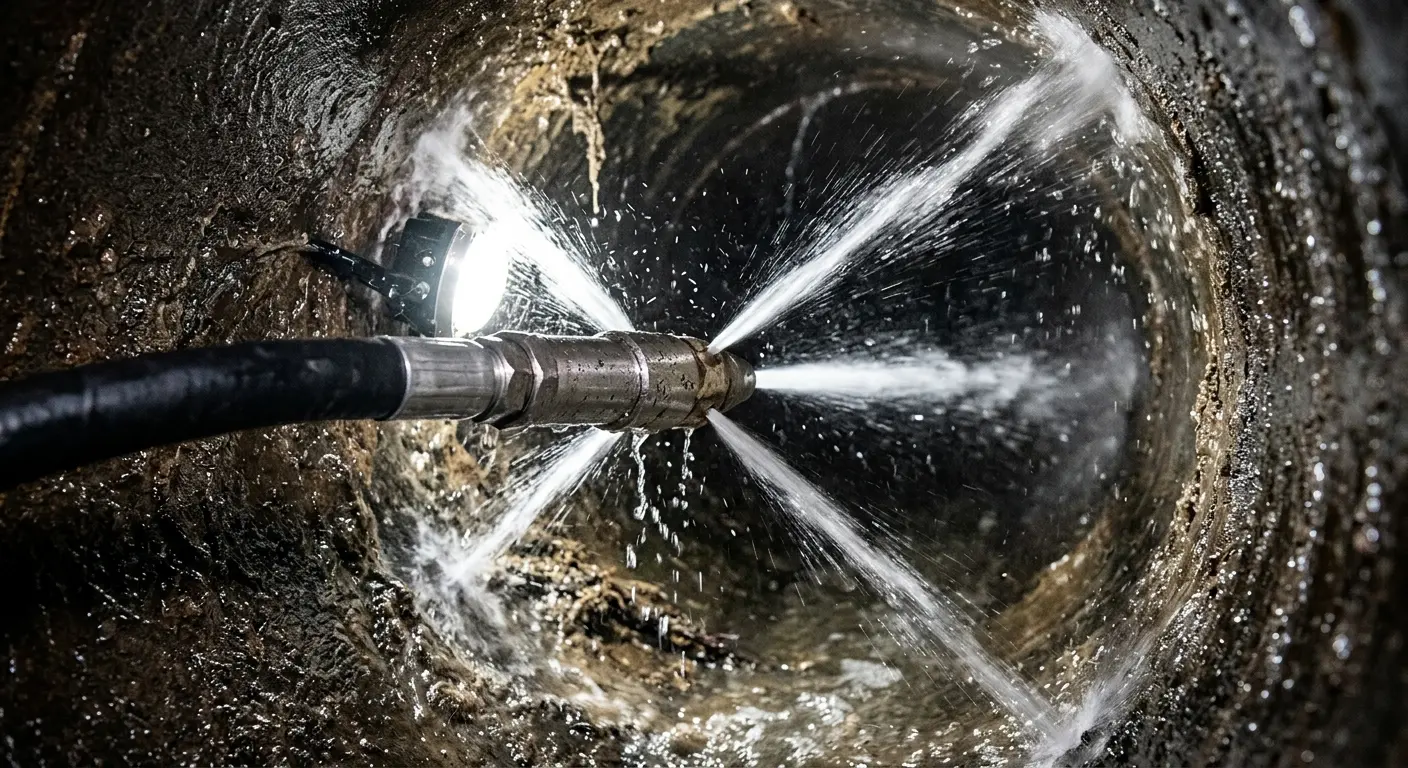 High-pressure hydro jetting nozzle cleaning sewer pipe for Sewer Cleanout in West Bloomfield