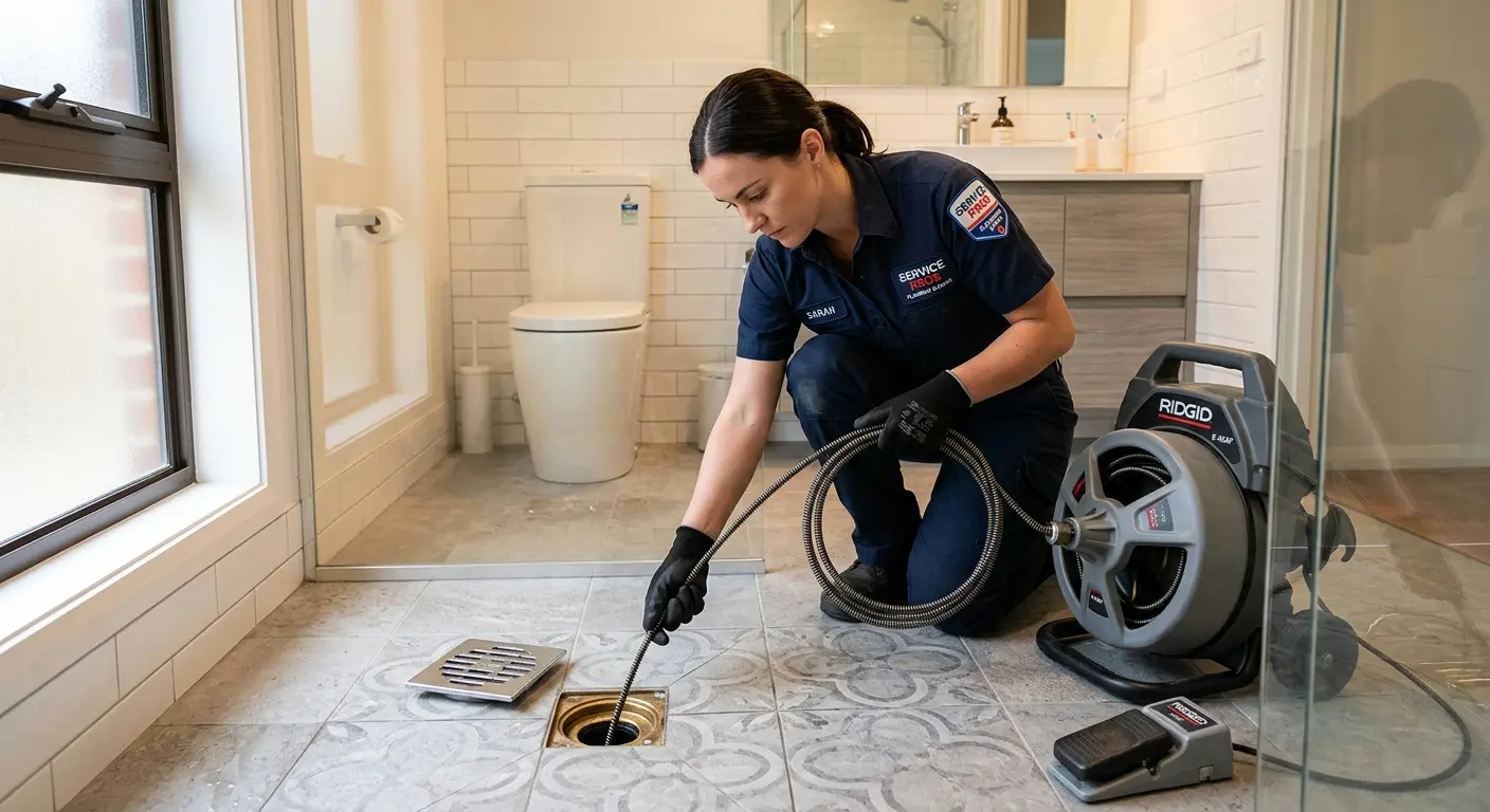 Technician clearing a bathroom floor drain for Drain Cleaning in West Bloomfield